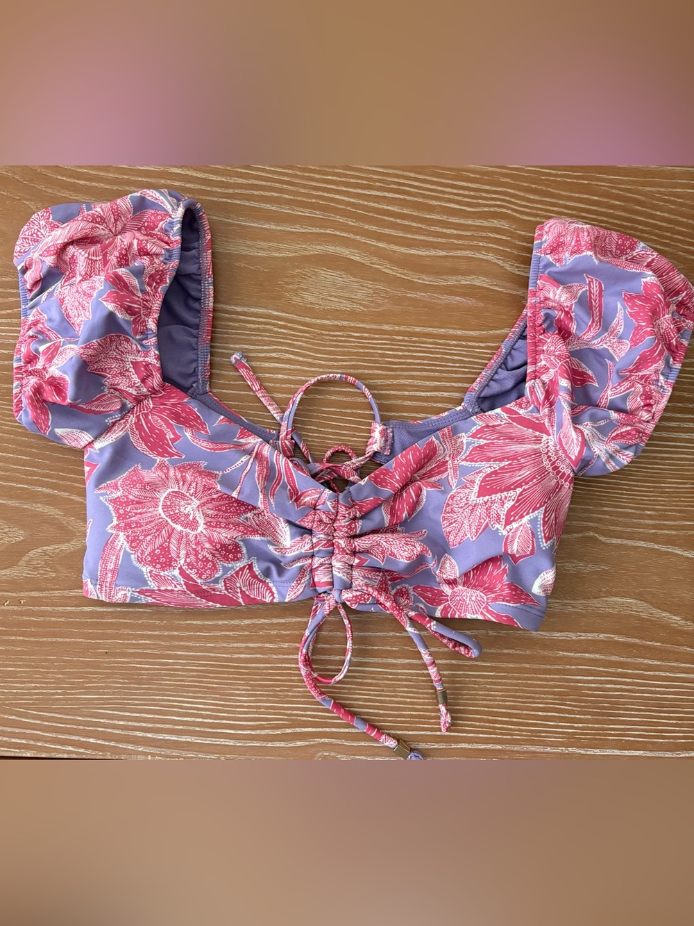 Time and Tru Purple and Pink Floral Lace-Up Bikini Top